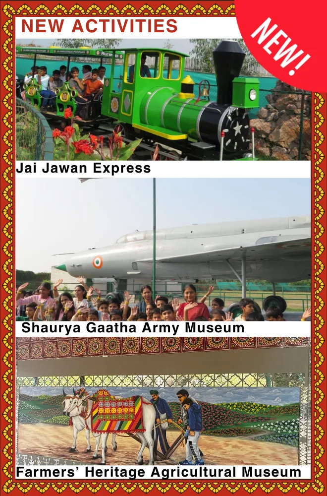 Promotional tile: green toy train, students waving before a fighter jet, bullock-ploughing mural