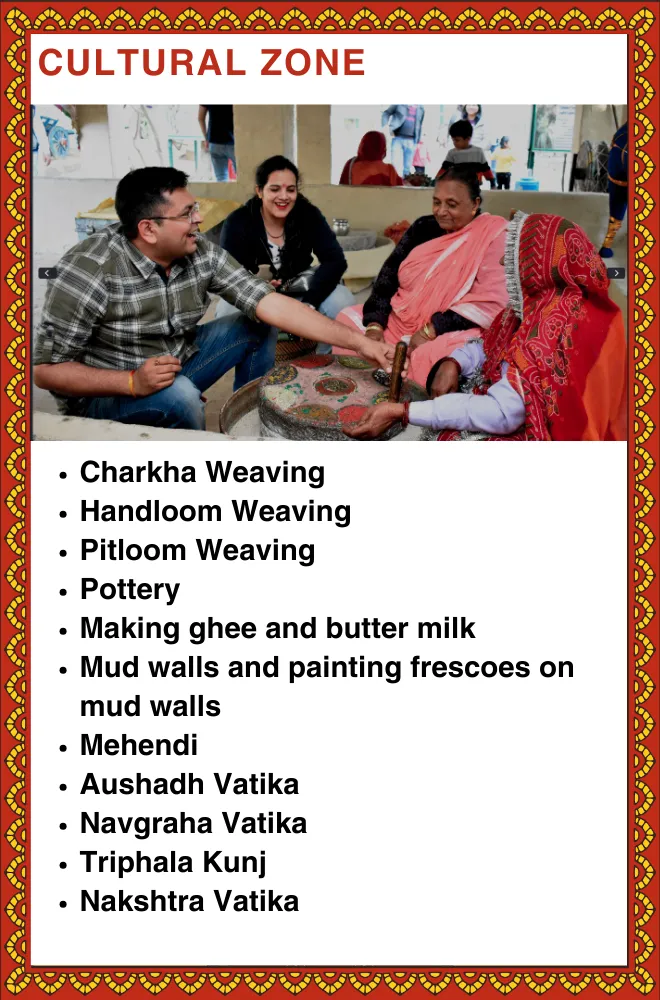 Cultural Zone tile: visitors shaping clay on a potter's wheel, above a list of weaving crafts
