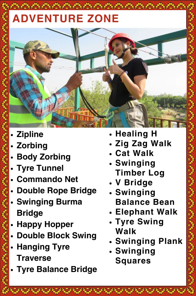 Adventure Zone tile: harnessed woman with thumbs up beside instructor on a zipline platform