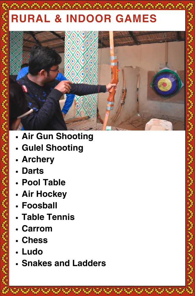 Rural and indoor games tile: man drawing a longbow at an archery target inside a hut