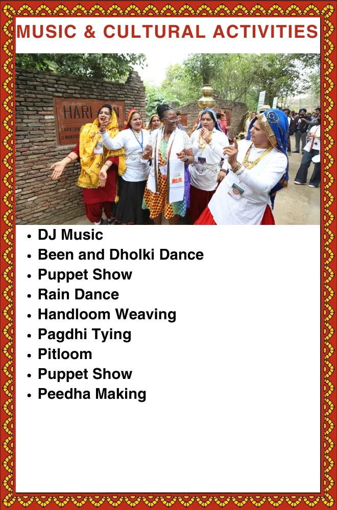Music and cultural activities tile: women in bright dupattas and turbans dancing outdoors