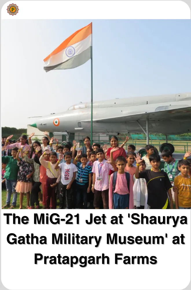 Schoolchildren with raised hands posing before a MiG-21 jet at the Shaurya Gatha Military Museum