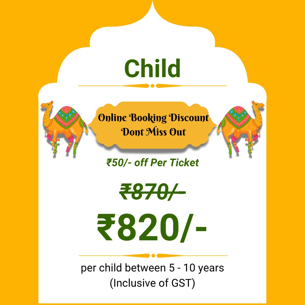 Child day-package ticket card: ₹820 per child aged 5 to 10, inclusive of GST