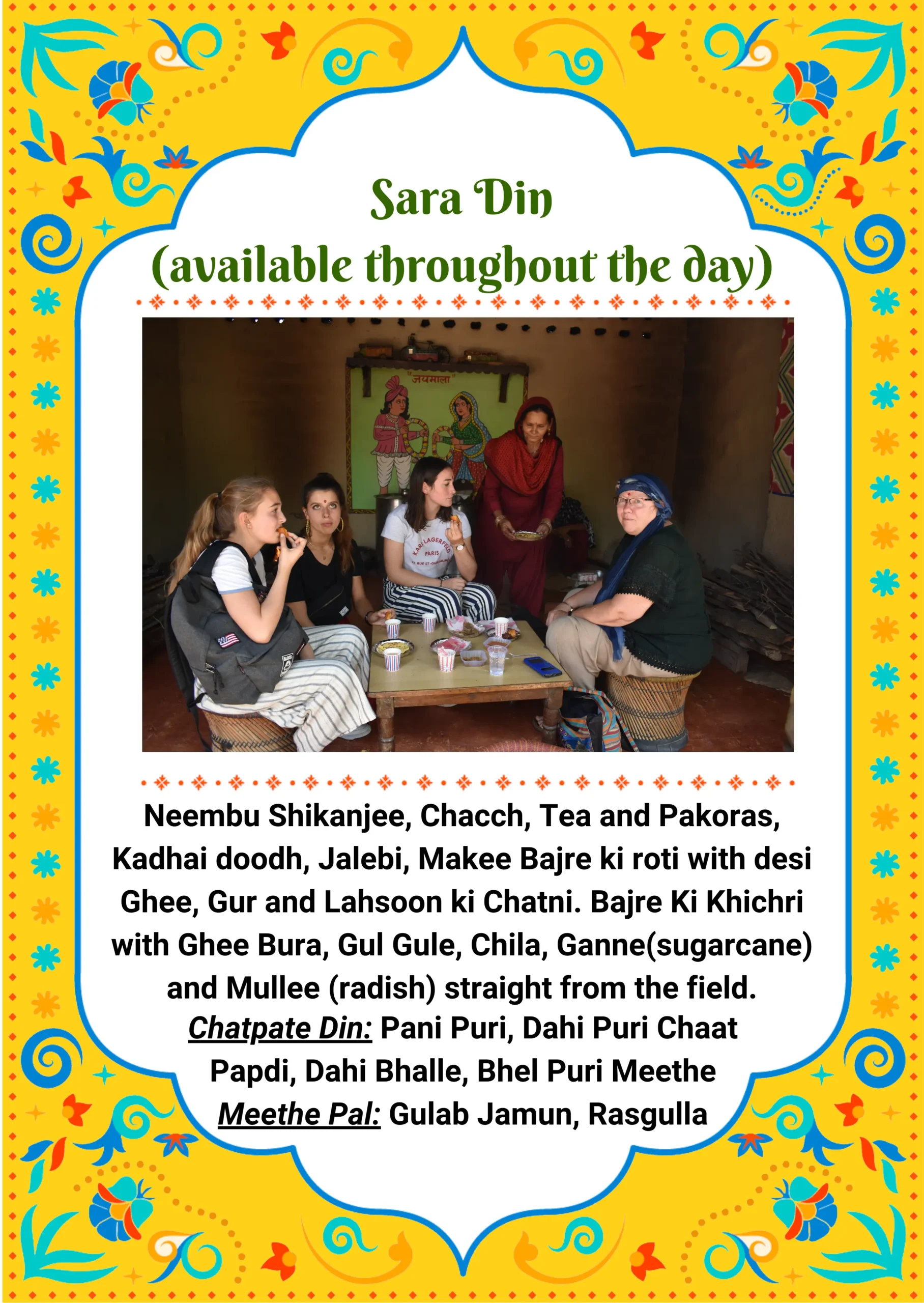 Sara Din all-day menu card listing pakoras, jalebi, chaat, gulab jamun and rasgulla