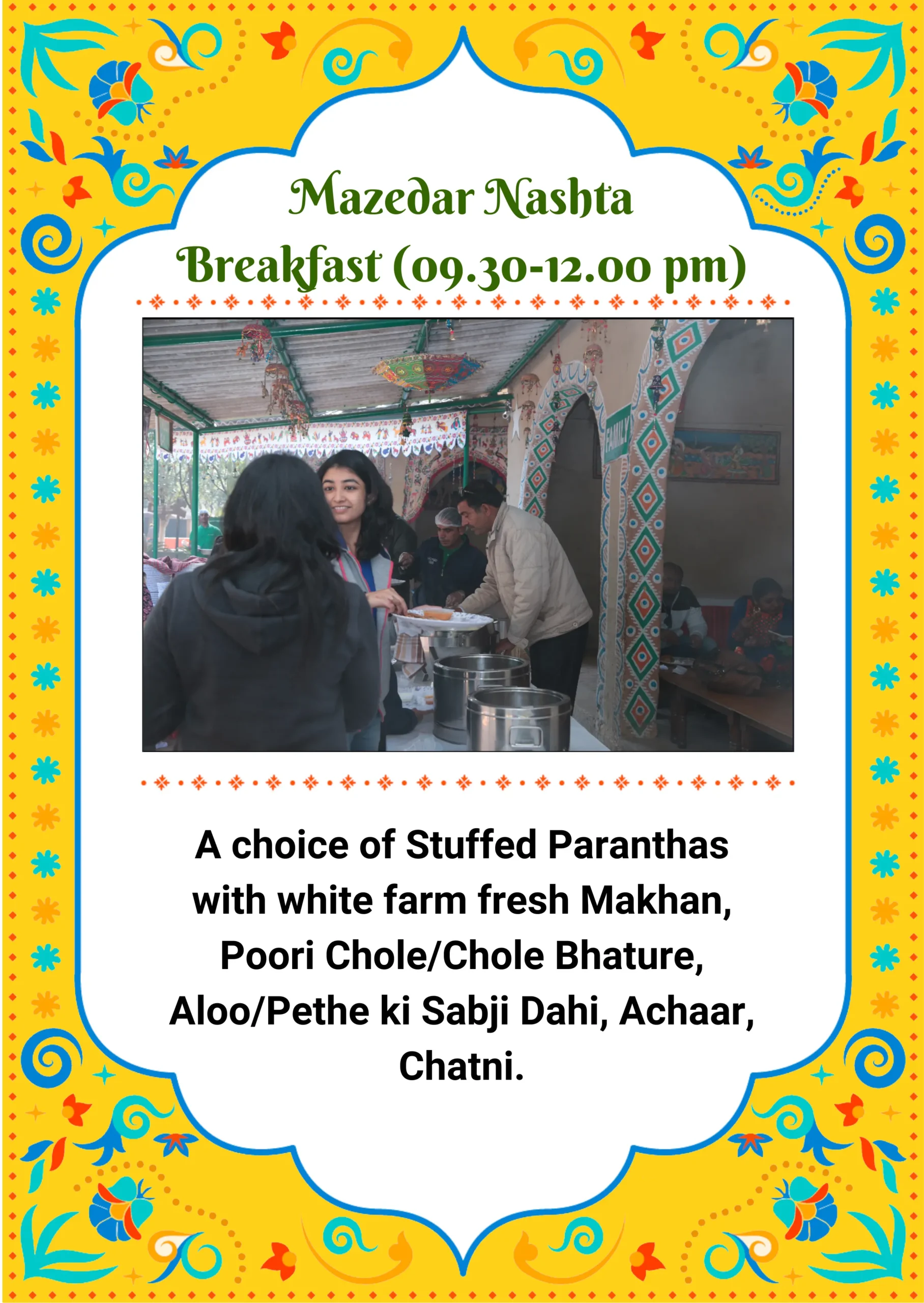 Mazedar Nashta breakfast menu card listing stuffed paranthas, chole bhature and poori chole