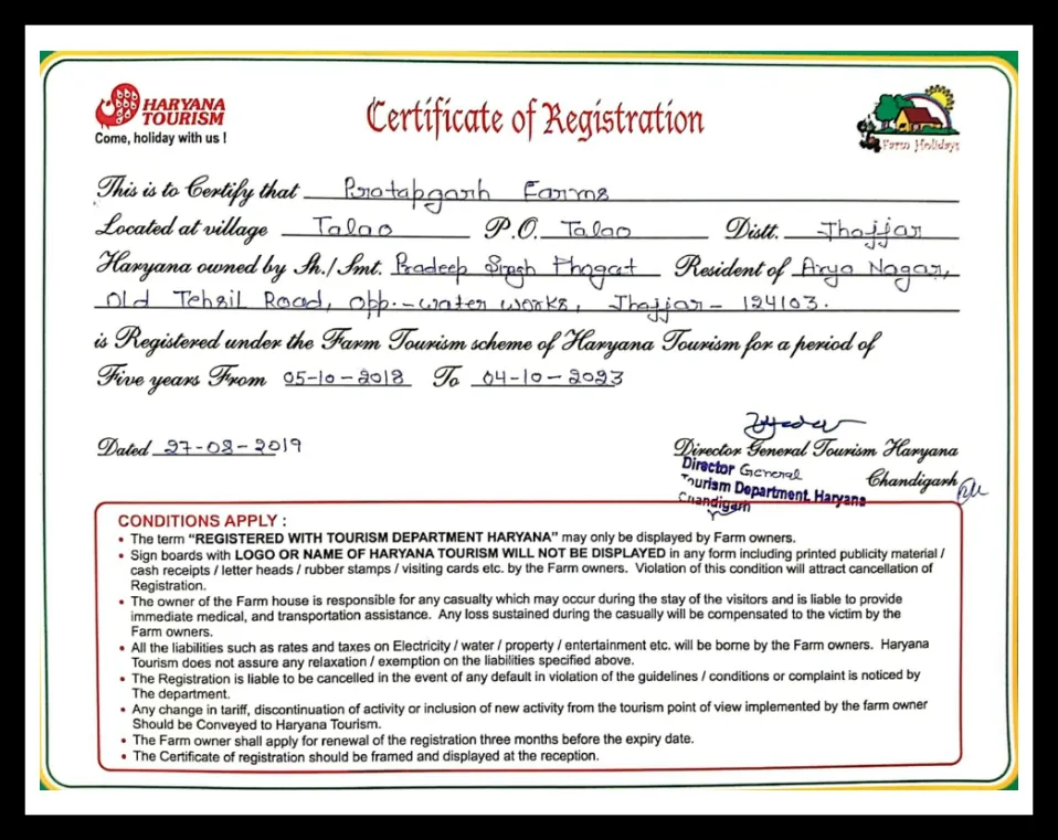 Certificate of Registration issued to Pratapgarh Farms by the Department of Tourism, Government of Haryana
