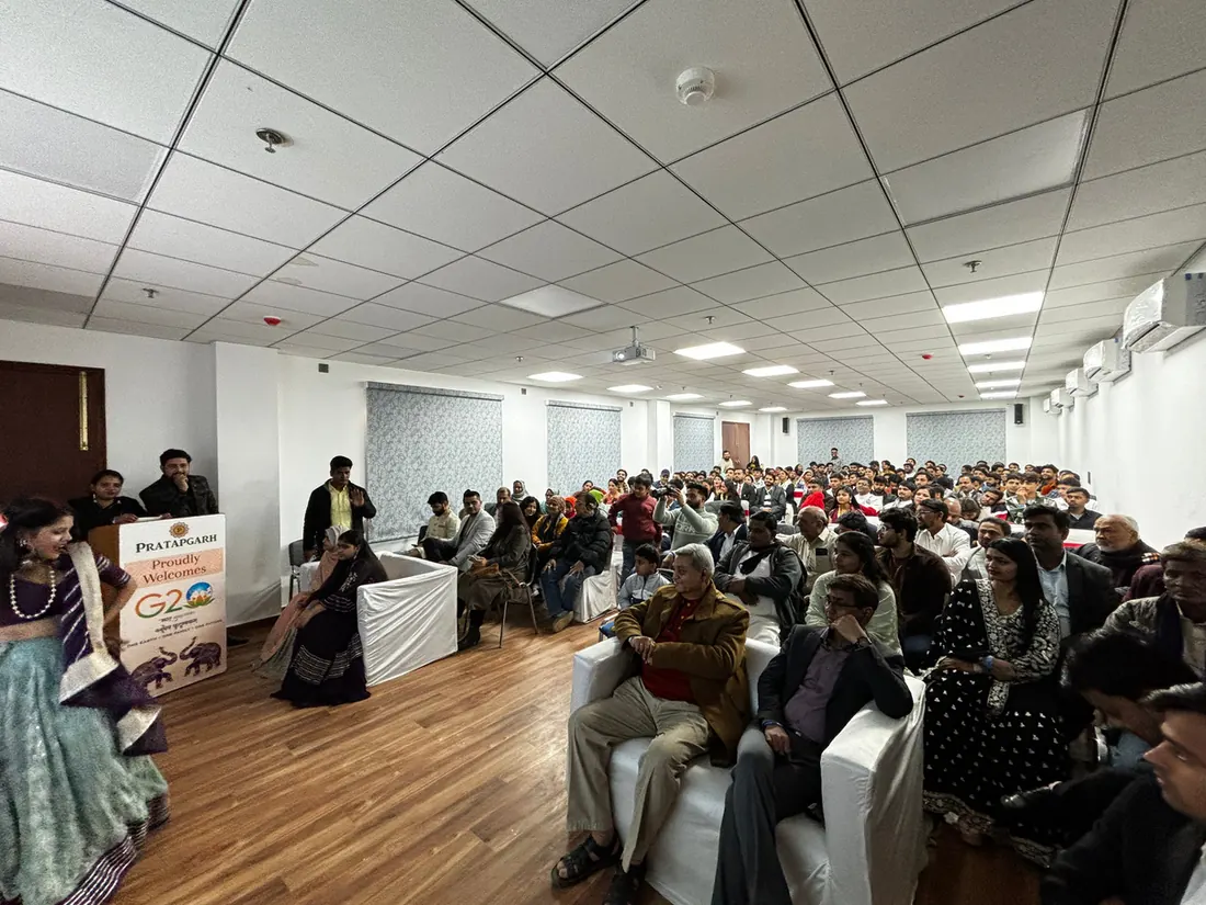 A conference session under way in the hall at Samvad Mandapam